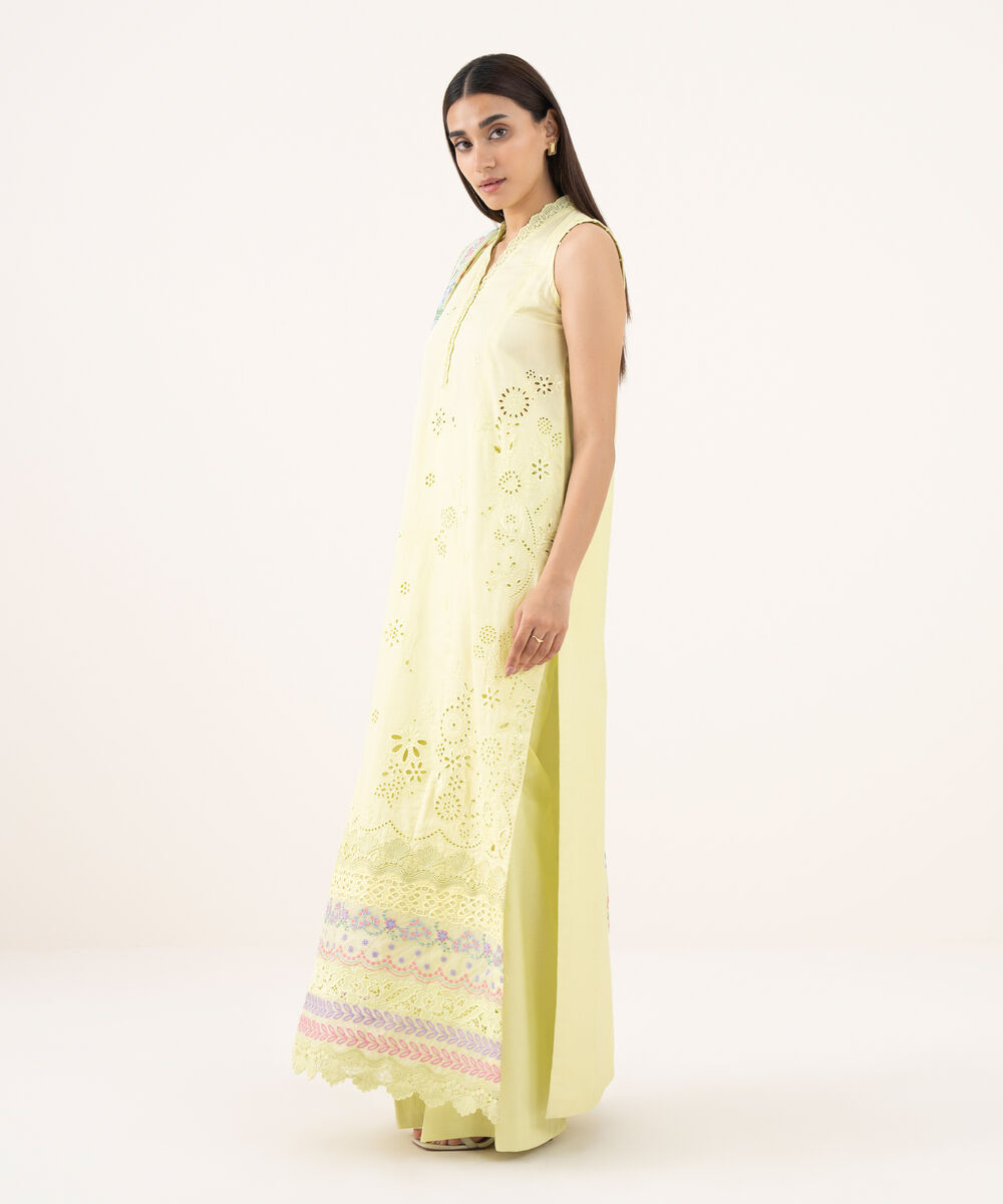 Women's Unstitched Fine Cotton Satin Embroidered Yellow 3 Piece Suit