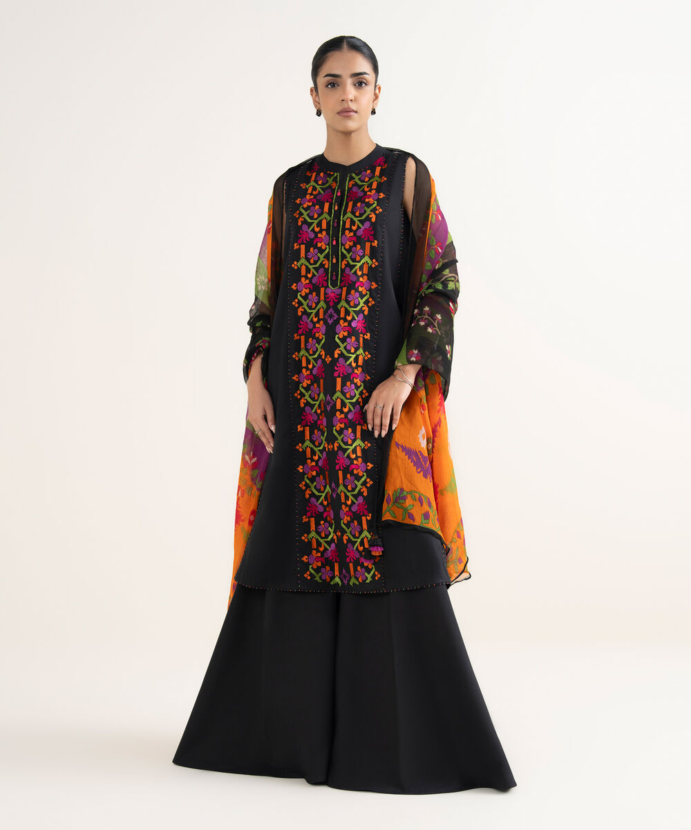 Women's Unstitched Cotton Viscose Embroidered Black 3 Piece Suit