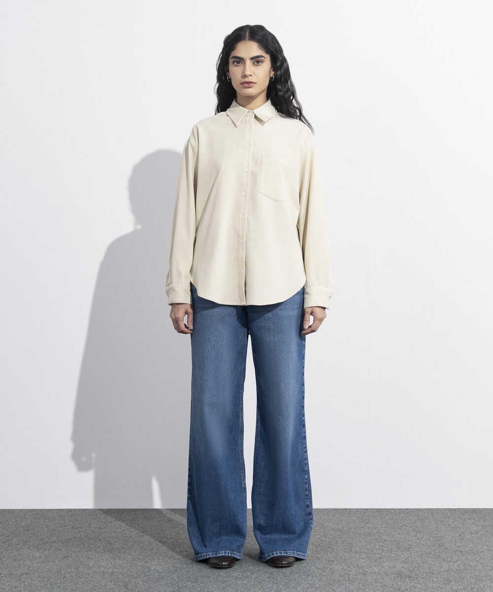 Women's Western Wear Beige Button Through Corduroy Shirt