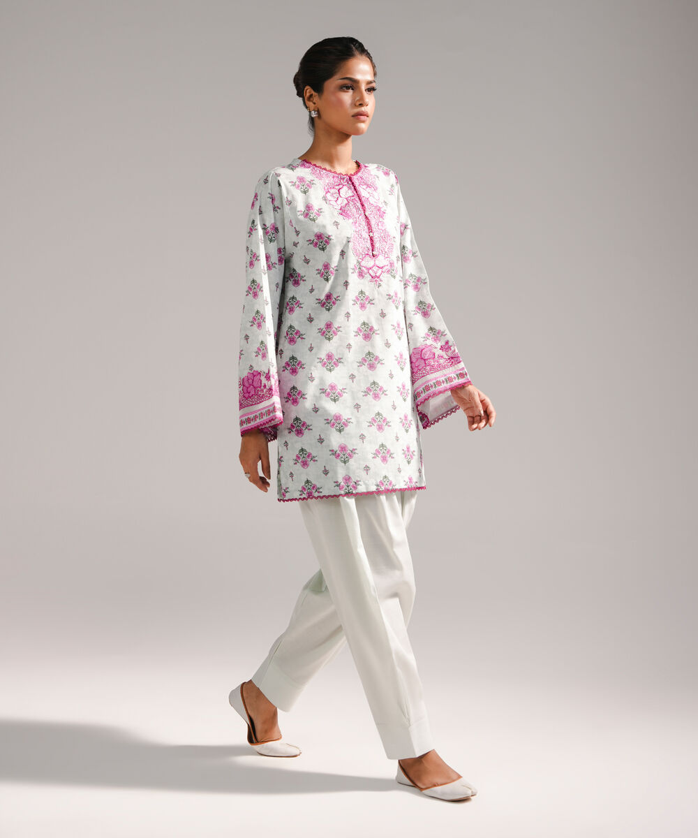 Women's RTW Slub Lawn Embroidered Seafoam Green Straight Shirt