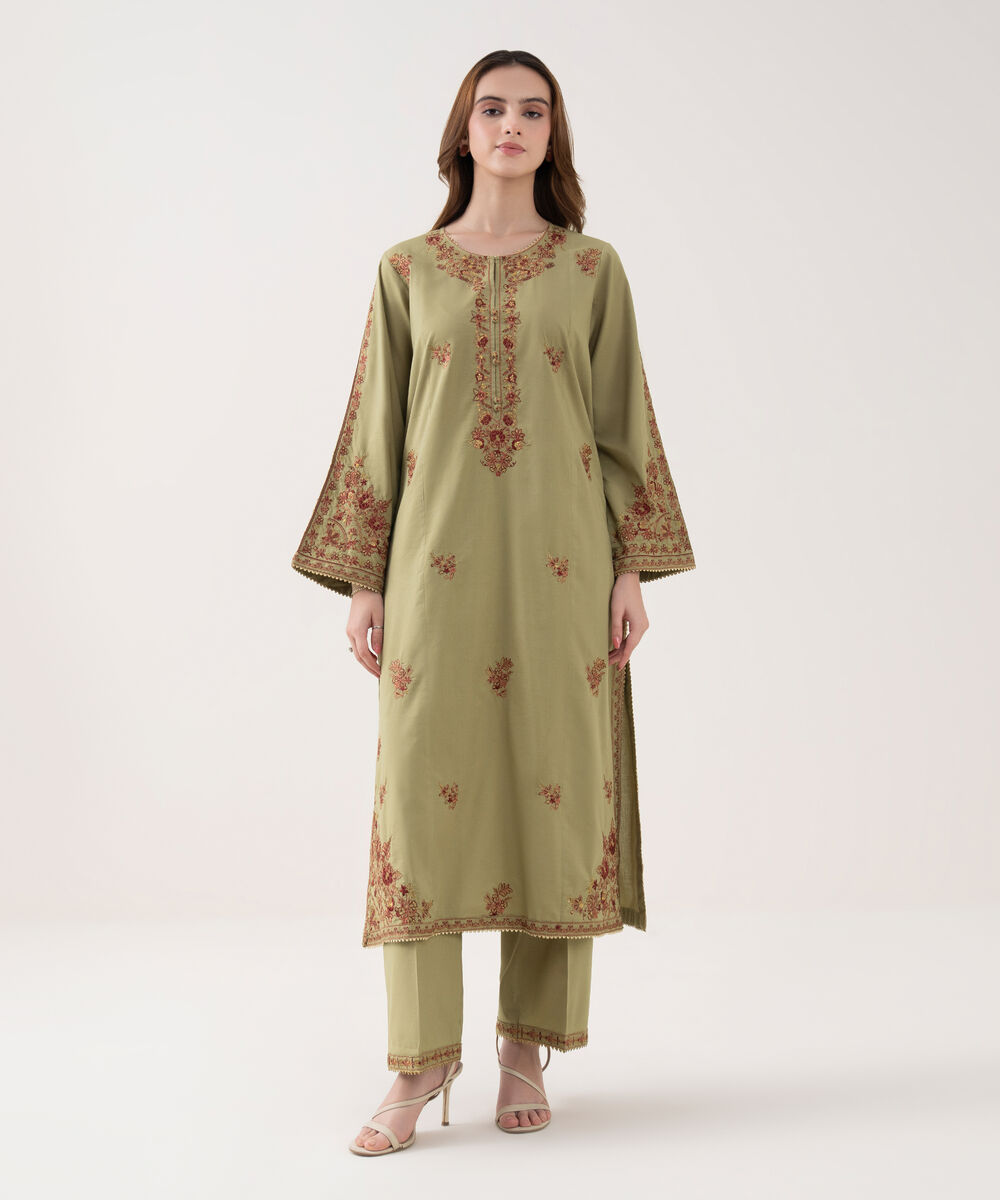 Women's RTW Cotton Viscose Embroidered Green A-Line Shirt