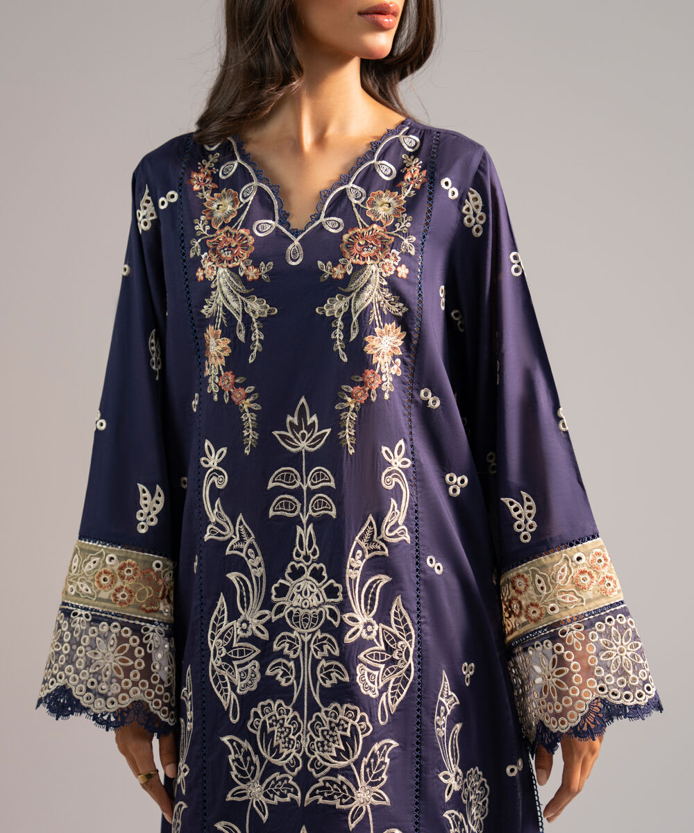 Women's RTW Lawn Embroidered Blue 3 Piece Suit