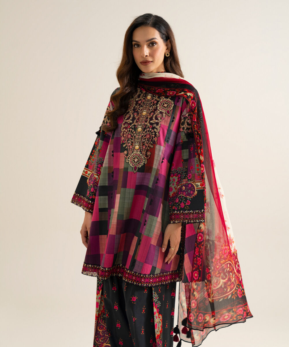 Women's Unstitched Blended Chiffon Printed Plum 3 Piece Suit