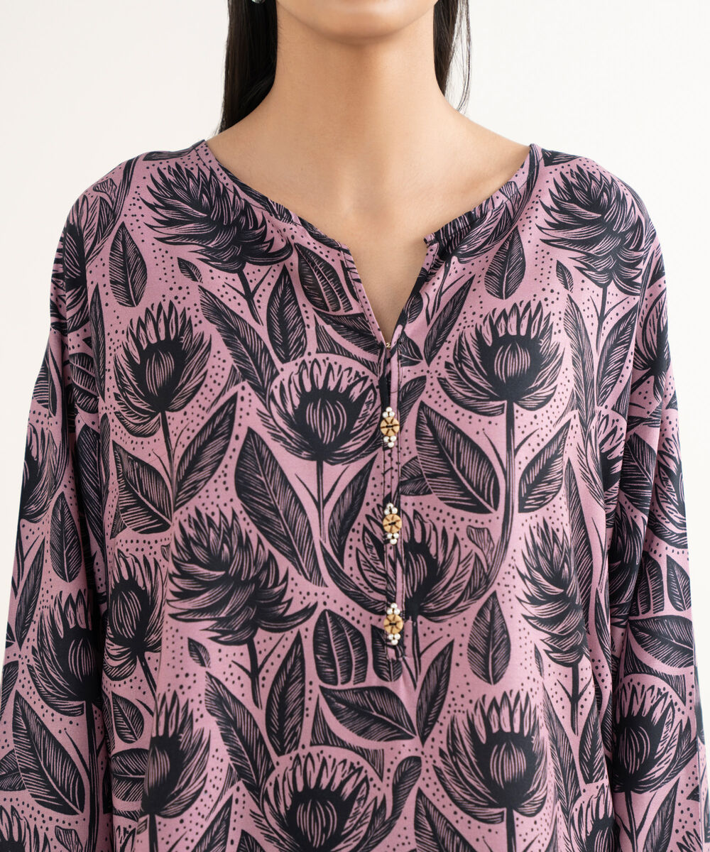 Women's RTW Cotton Viscose Printed Drop Shoulder Purple Shirt