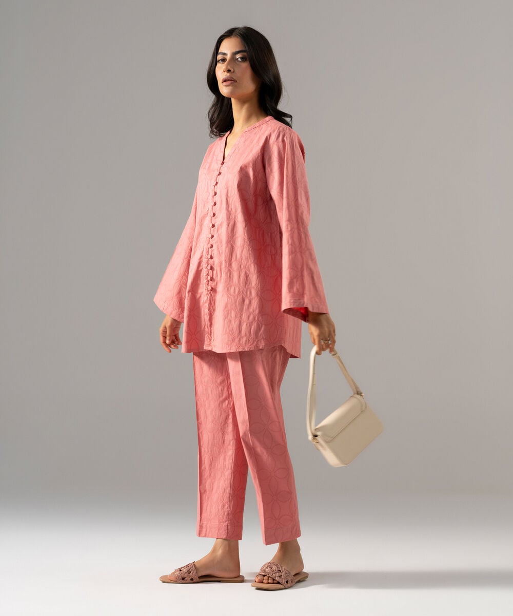 Women's RTW Textured Cotton Solid Pink 2 Piece Suit