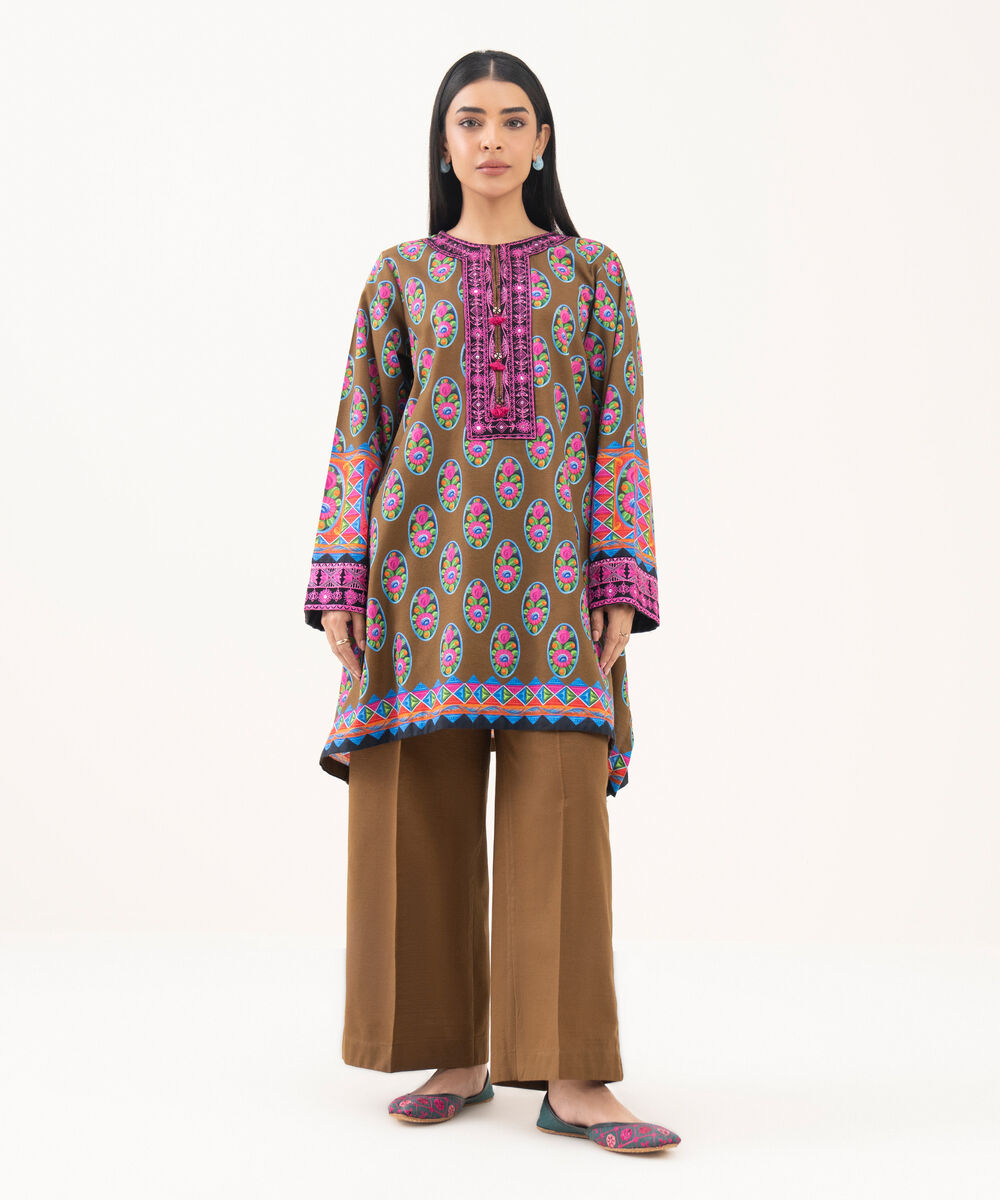 Women's RTW Light Khaddar Embroidered Brown Straight Shirt