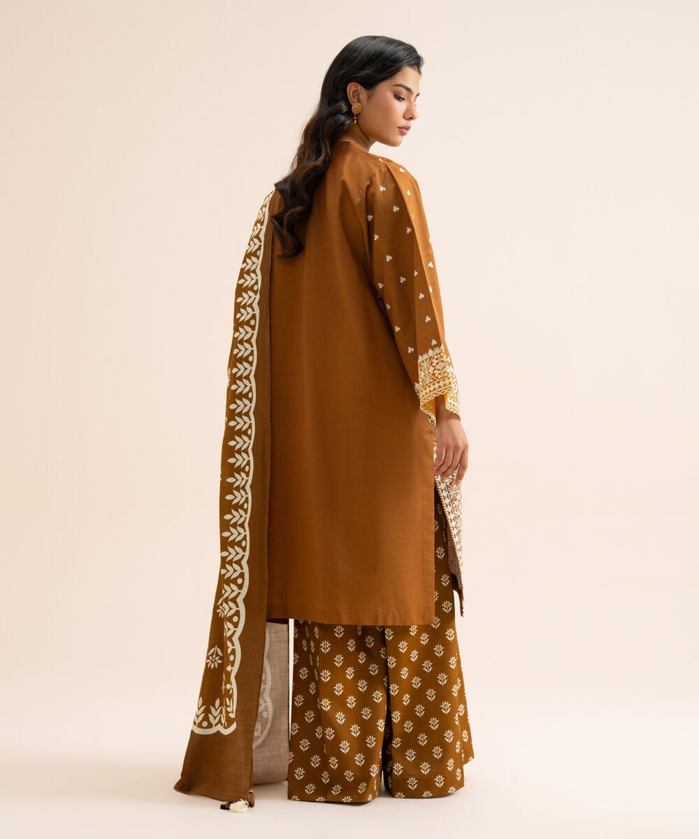 Women's Unstitched Light Khaddar Embroidered Brown 3 Piece Suit