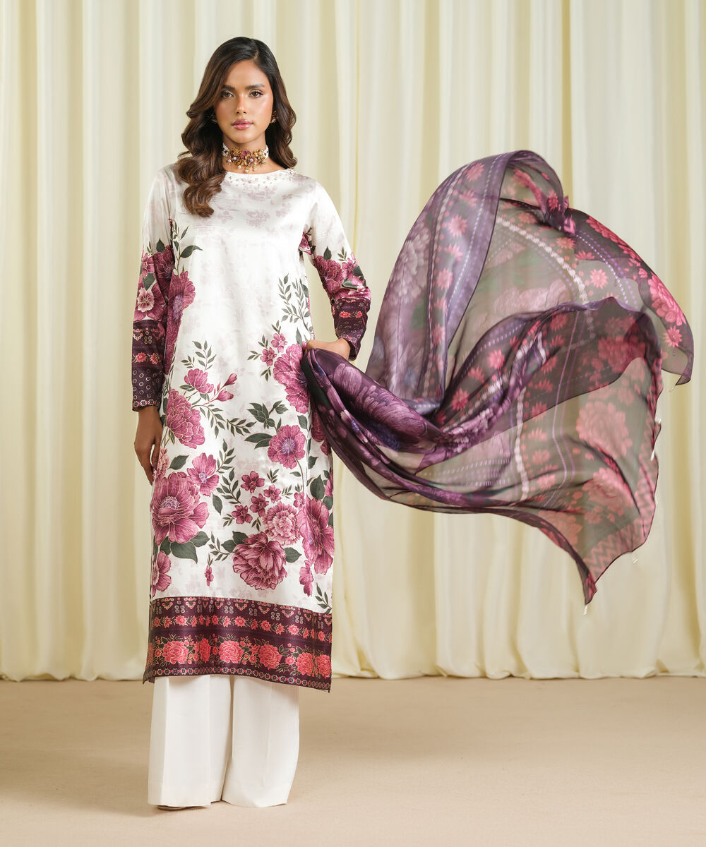 Women's Unstitched Blended Satin Printed Multi 3 Piece Suit