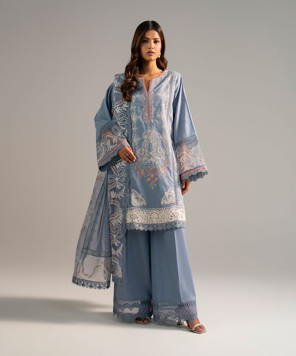 Women's RTW Self Jacquard Embroidered Steel Blue 2 Piece Suit