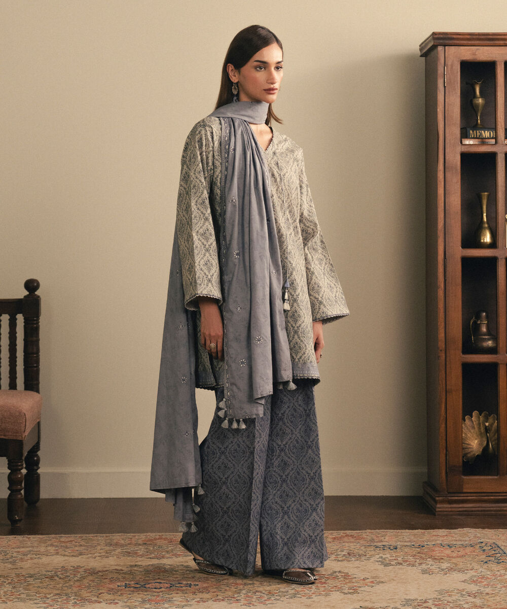 Women's Unstitched Cross Hatch Embroidered Grey 3 Piece Suit