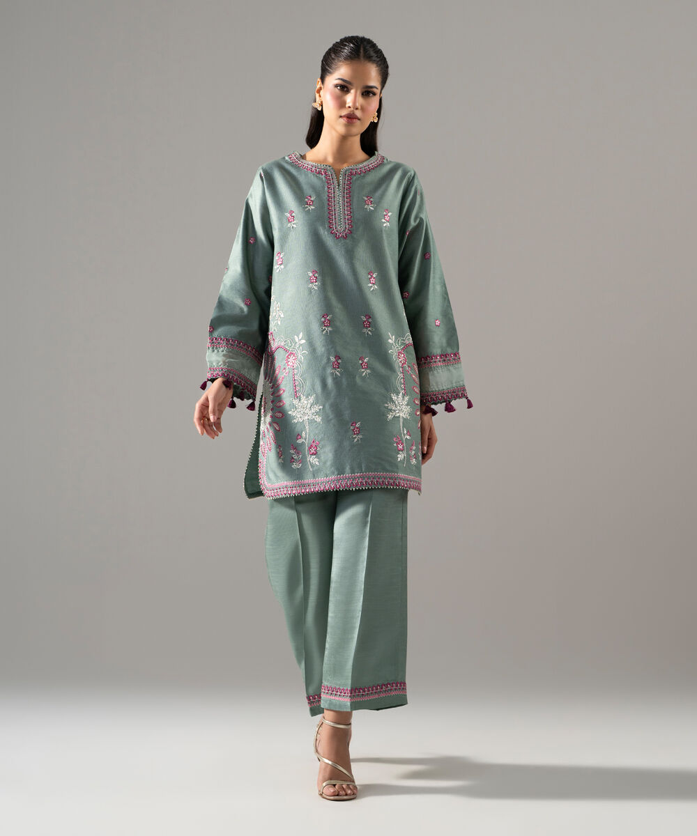 Women's RTW Cotton Net Solid Embroidered Green 2 Piece Suit