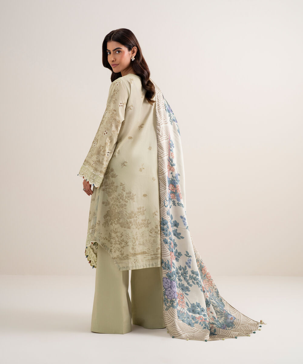 Women's Unstitched Lawn Embroidered Beige 3 Piece Suit