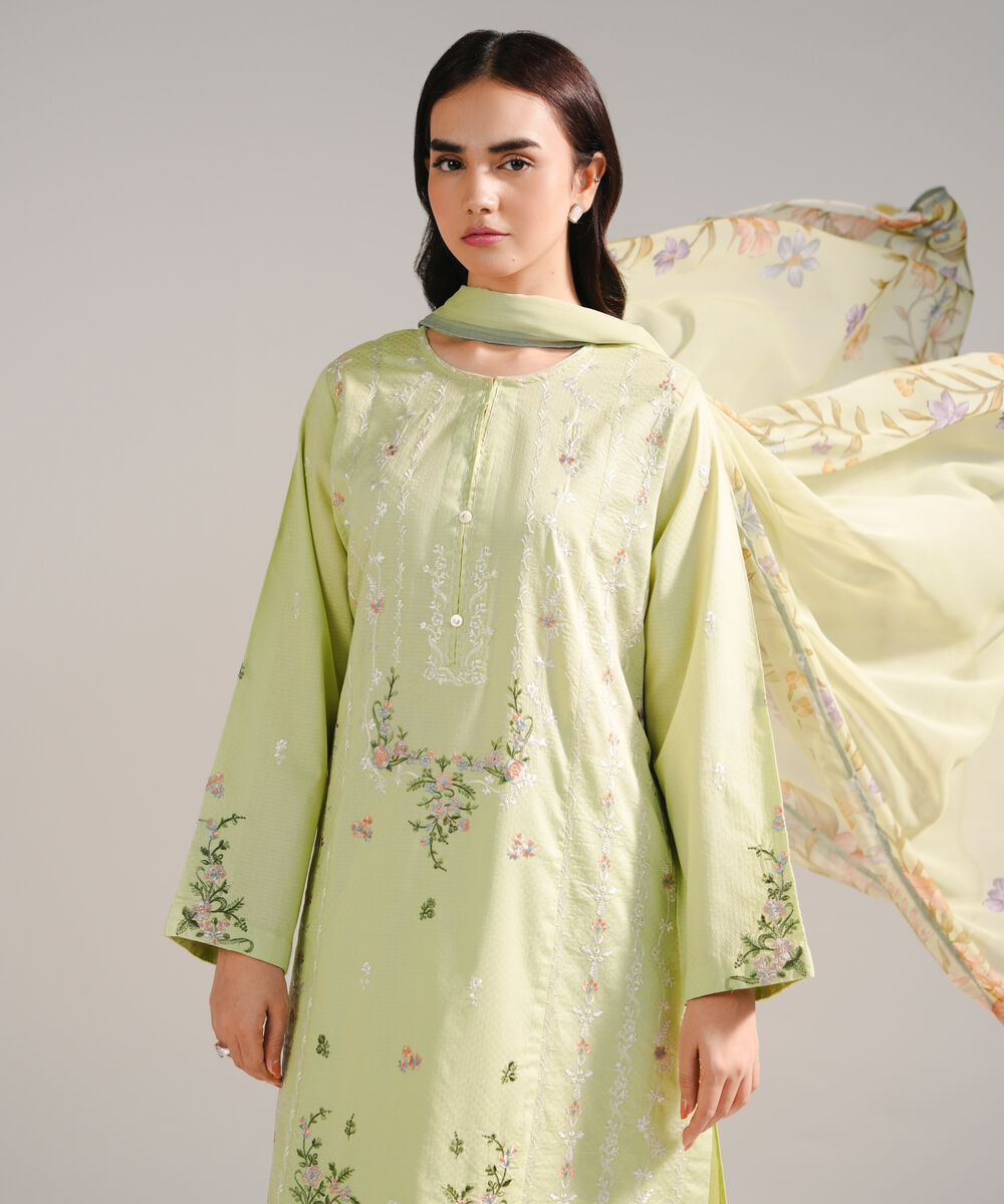 Women's RTW Dobby Embroidered Green 3 Piece Suit