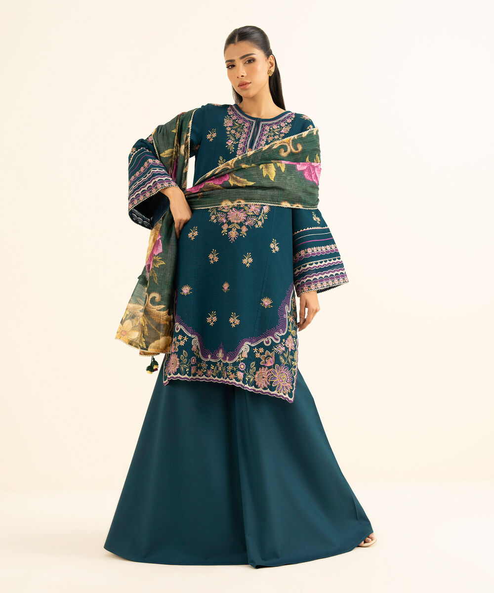 Women's Unstitched Dobby Embroidered Blue 3 Piece Suit