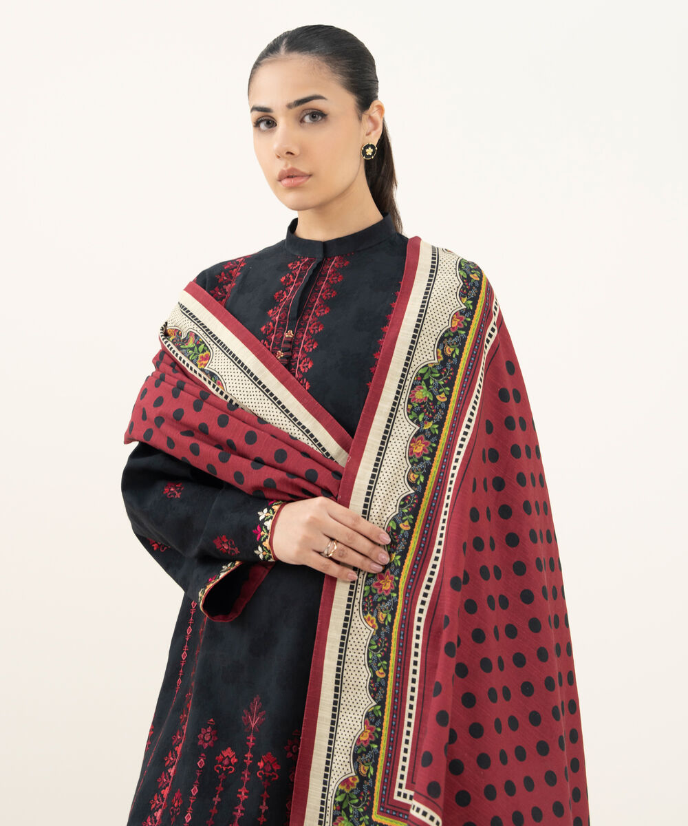 Women's Unstitched Embroidered Cotton Jacquard Black 3 Piece Suit