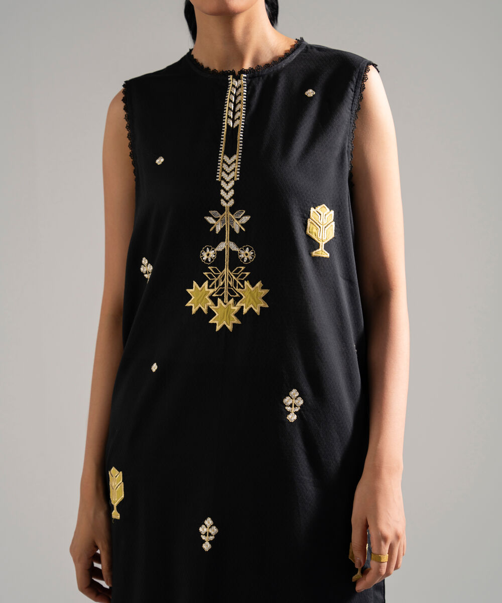 Women's RTW Dobby Embroidered Black 2 Piece Suit