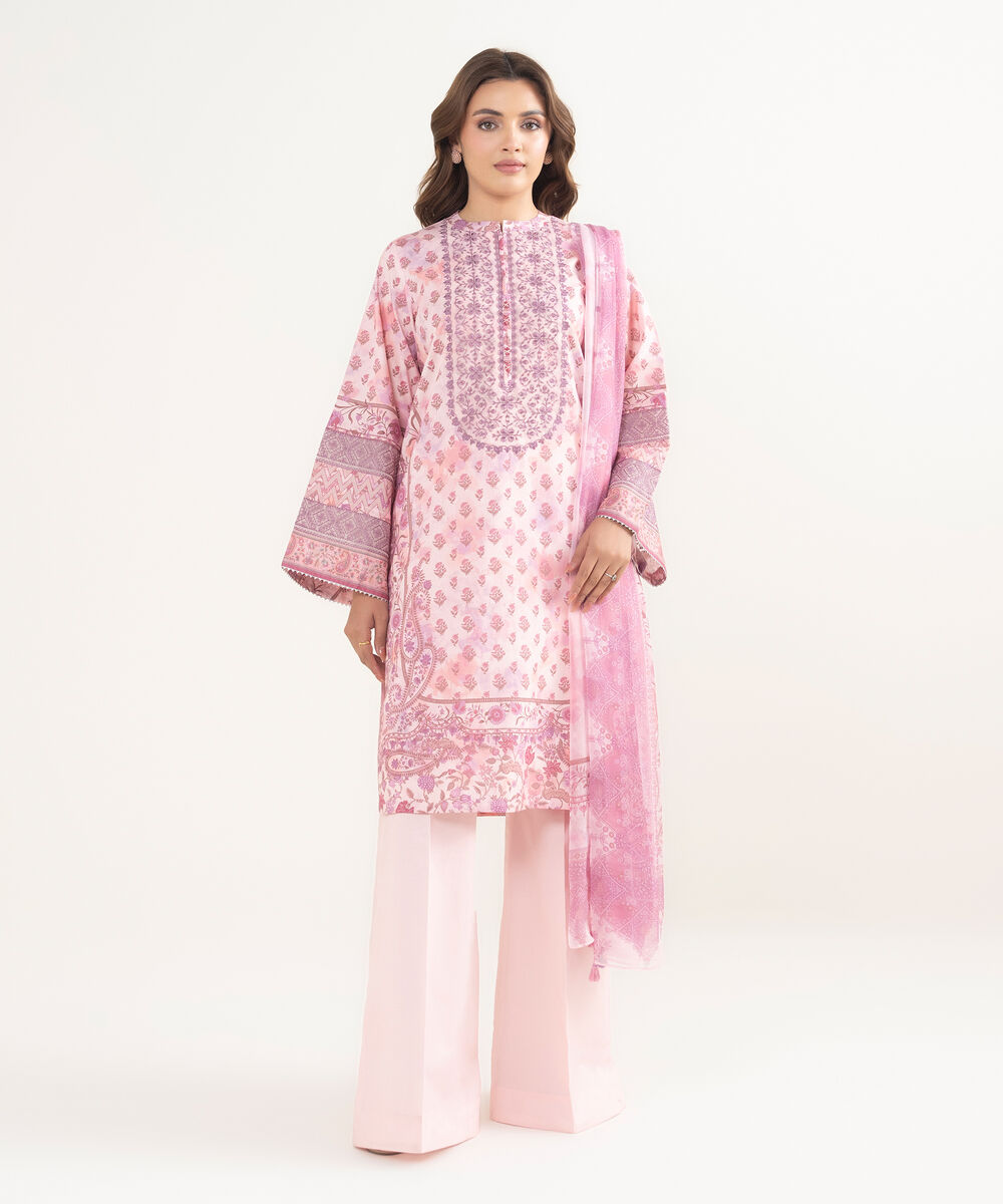 Women's Unstitched Lawn Embroidered Pink 3 Piece Suit