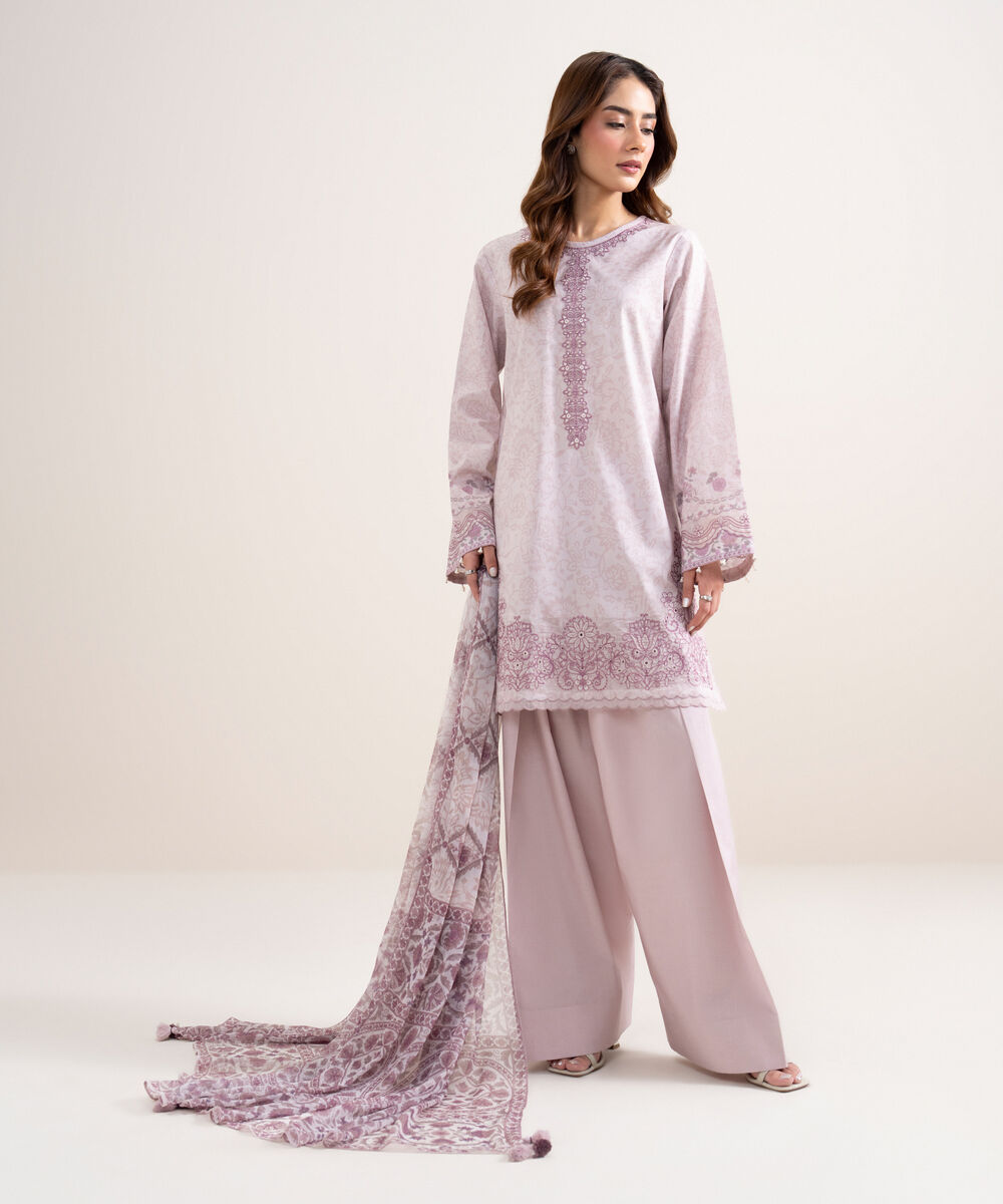 Women's Unstitched Lawn Embroidered Pink 3 Piece Suit