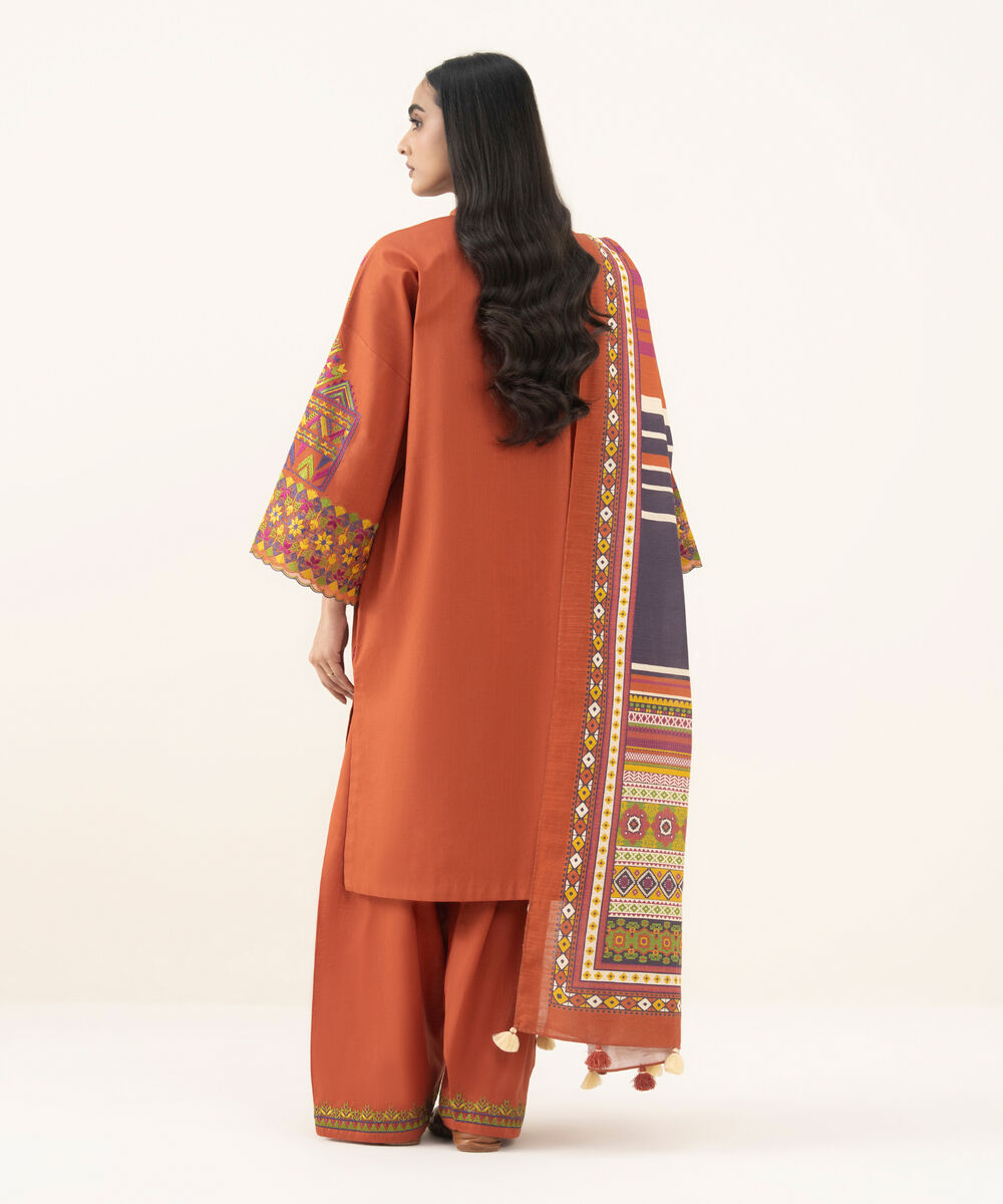 Women's Unstitched Embroidered Cross Hatch Rust 3 Piece Suit