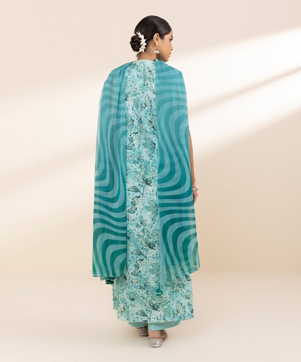 Women's Unstitched Lawn Printed Blue 3 Piece Suit