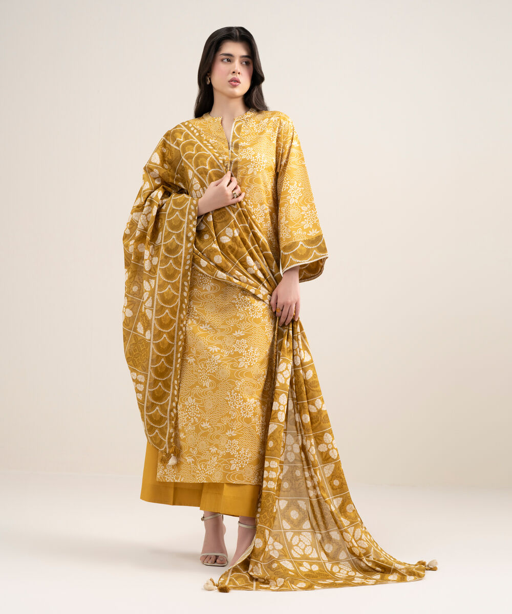 Women's Unstitched Lawn Printed Yellow 3 Piece Suit