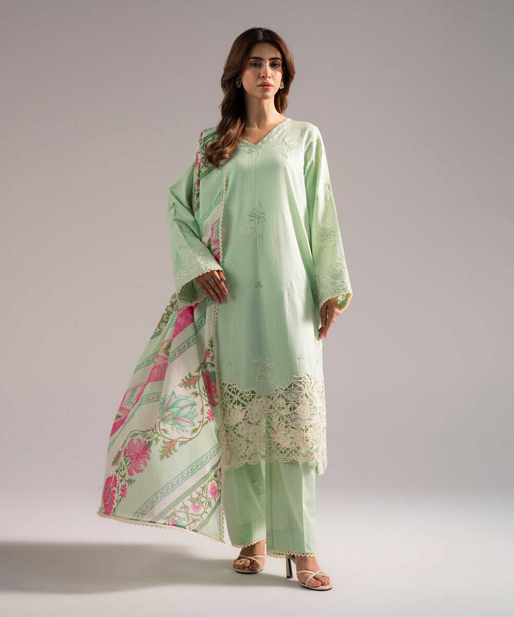 Women's RTW Textured Cotton Embroidered Green 3 Piece Suit