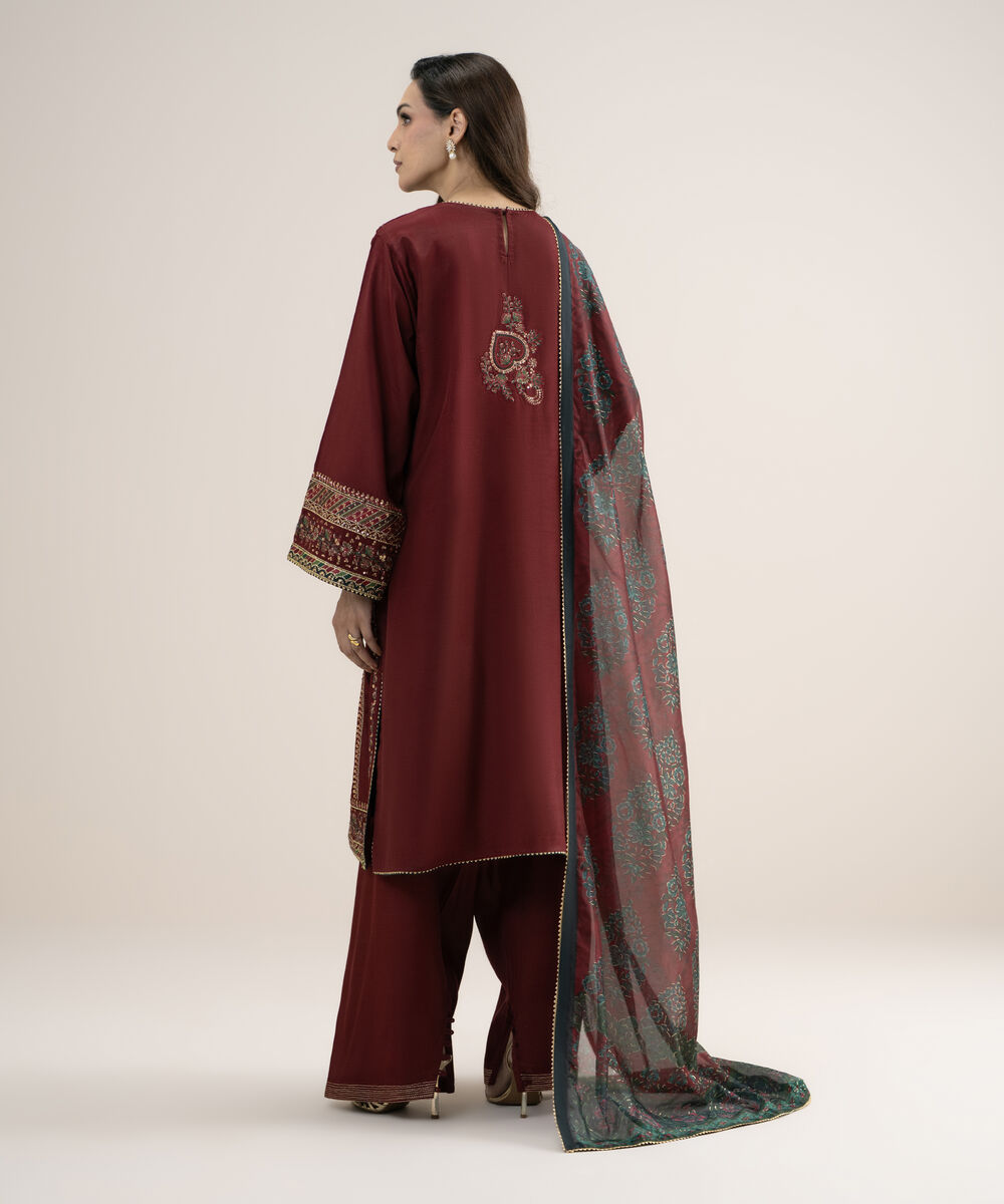 Women's Unstitched Embroidered Blended Raw Silk Red 3 Piece Suit