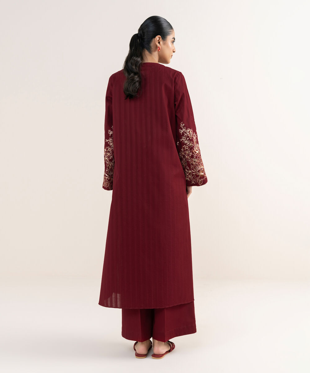 Women's RTW Textured Lawn Maroon Embroidered A-Line Shirt