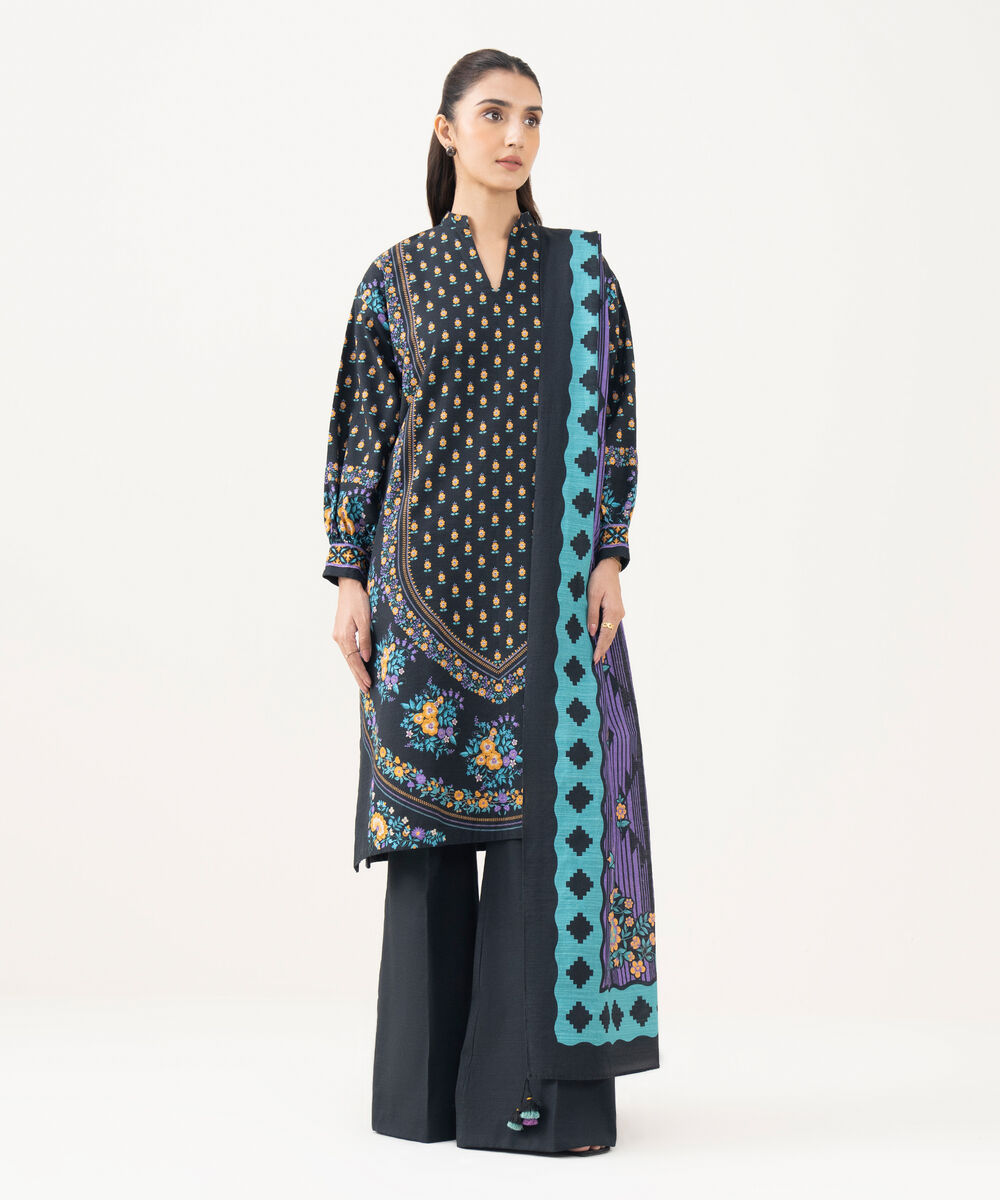 Women's Unstitched Khaddar Printed Black 3 Piece Suit