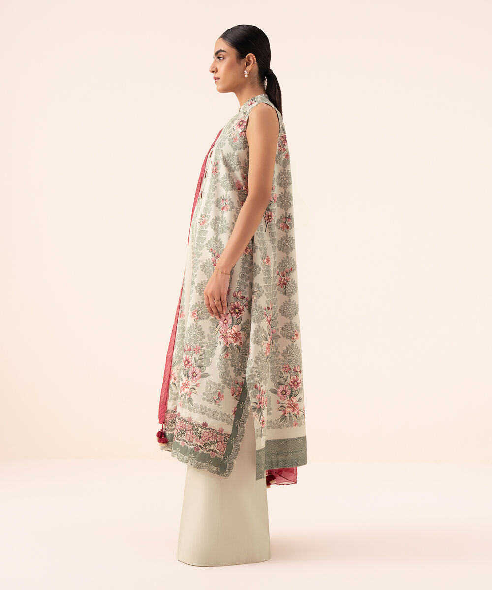 Women's Unstitched Cotton Viscose Embroidered Beige 3 Piece Suit