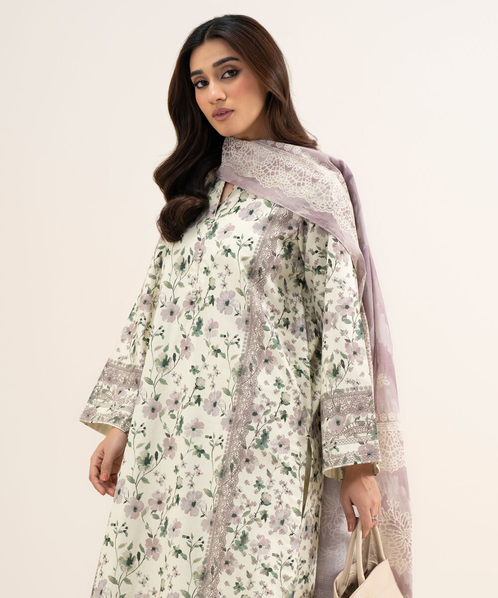 Women's Unstitched Lawn Printed Off White & Tea Pink 3 Piece Suit