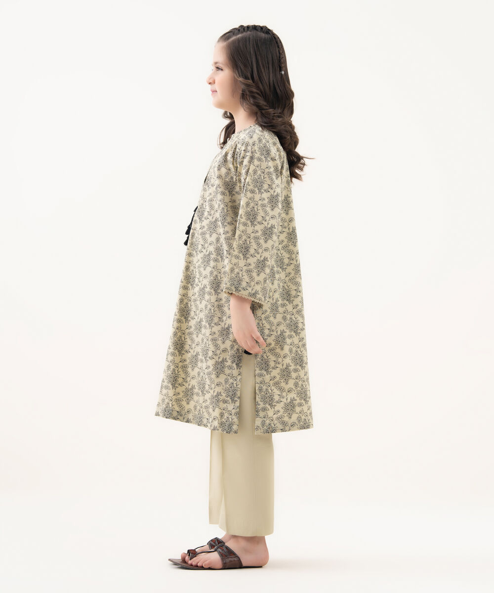 Girl's Cotton Viscose Printed Beige 2 Piece Suit