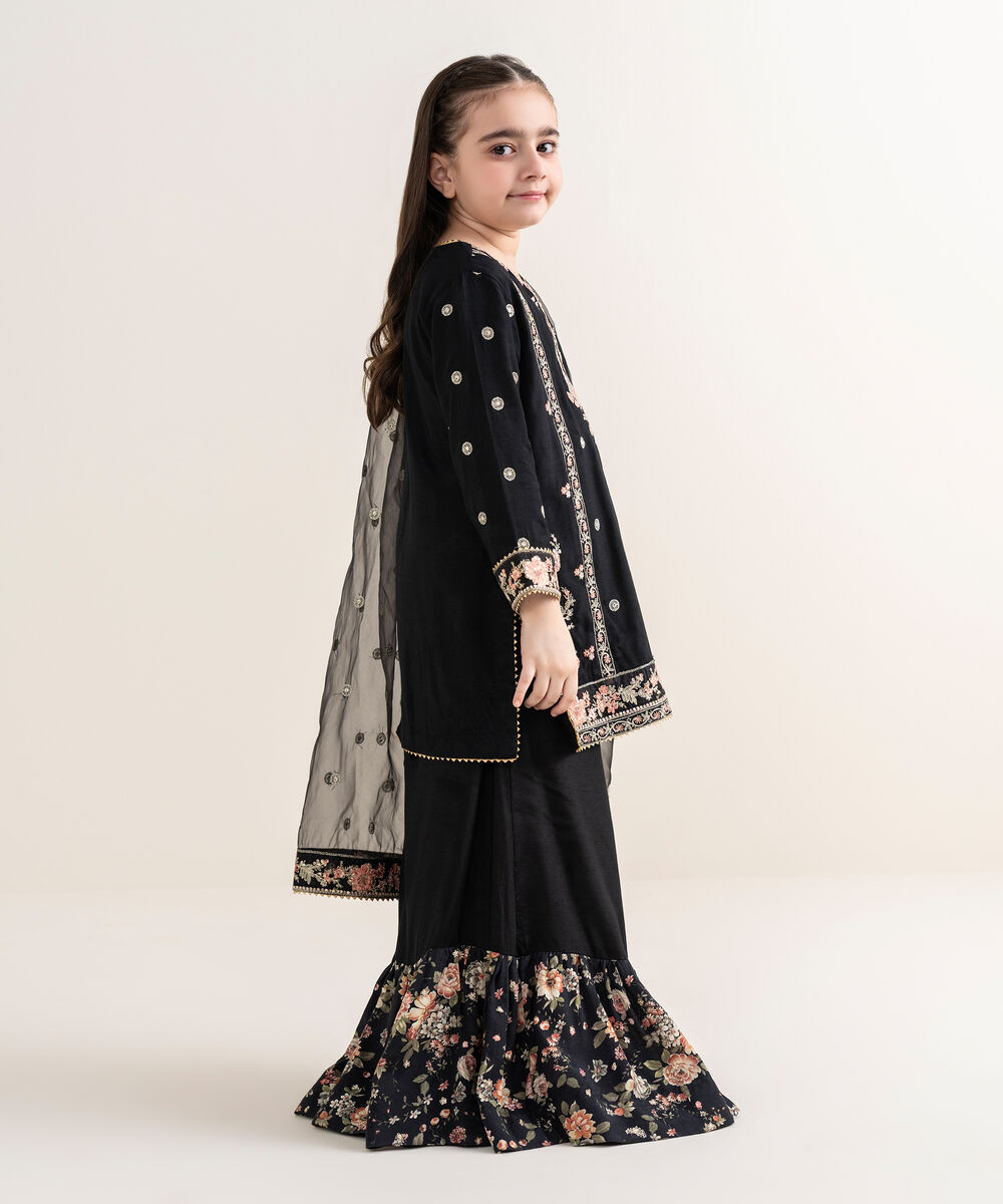 Girl's Viscose Raw Silk Black Embroidered 3 Piece Suit