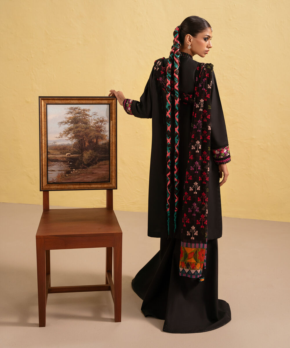 Women's Unstitched Cotton Embroidered Black Two Piece Suit