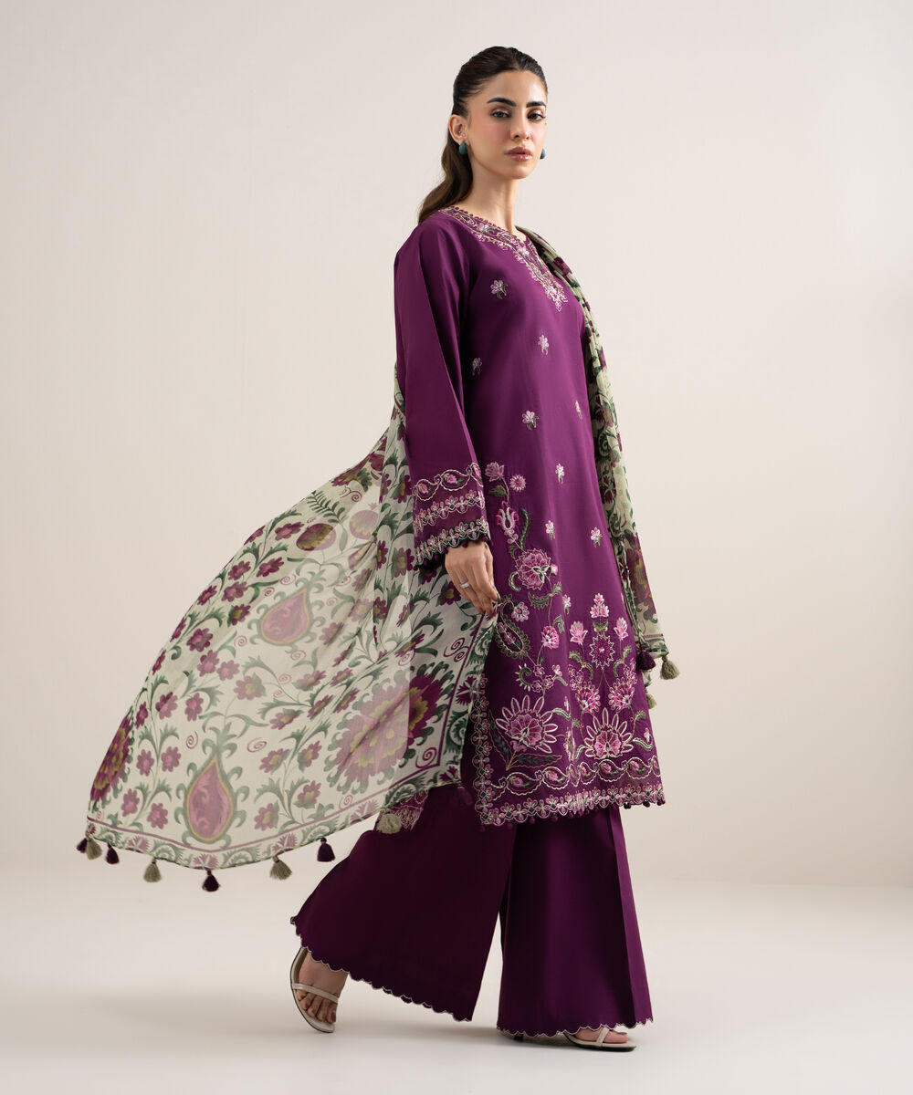 Women's Unstitched Dobby Embroidered Purple 3 Piece Suit