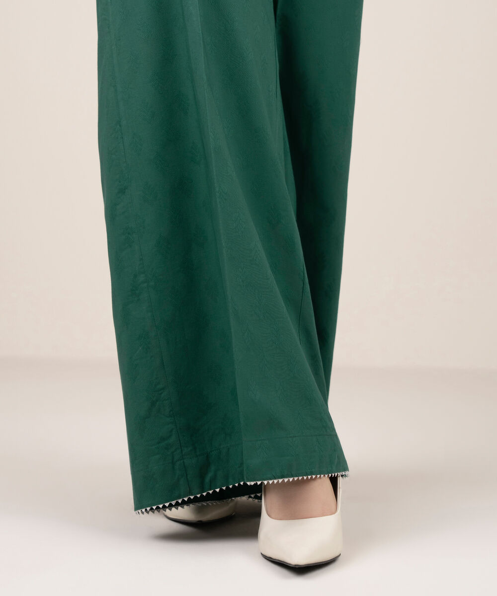 Women's RTW Self Jacquard Solid Green  Flared Pants