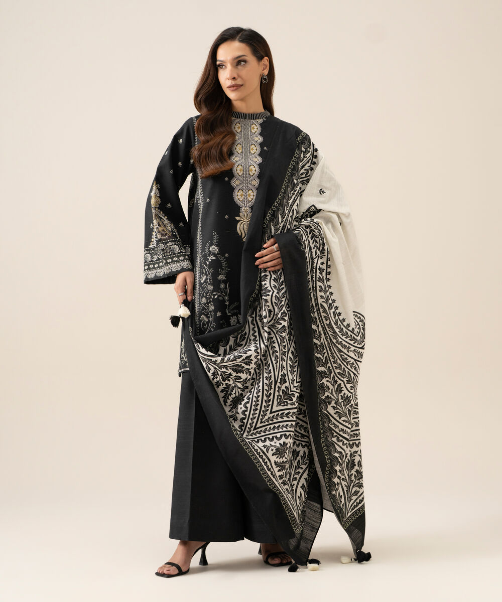 Women's Unstitched Light Khaddar Printed Black 3 Piece Suit