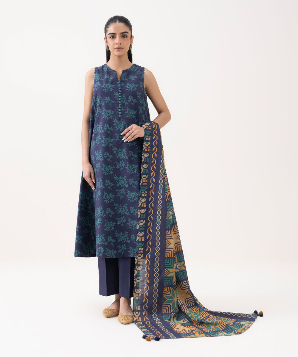 Women's Unstitched Khaddar Printed Blue 3 Piece Suit