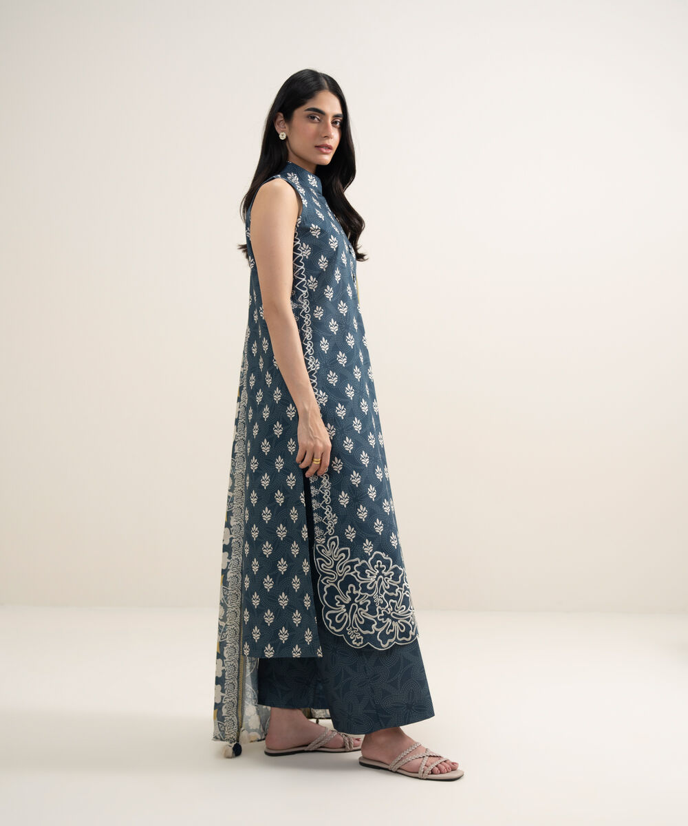 Women's Unstitched Lawn Embroidered Blue 3 Piece Suit