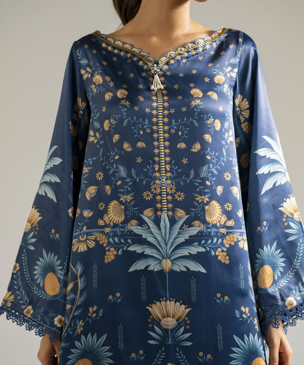 Women's RTW Blended Satin Printed Blue 3 Piece Suit