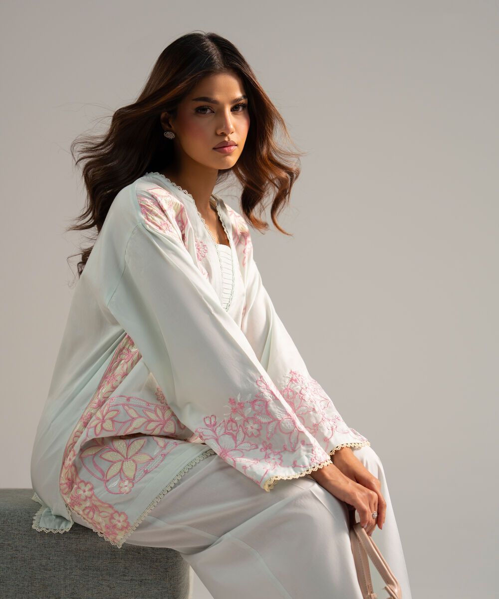 Women's RTW Cotton Satin Embroidered Blue 2 Piece Suit