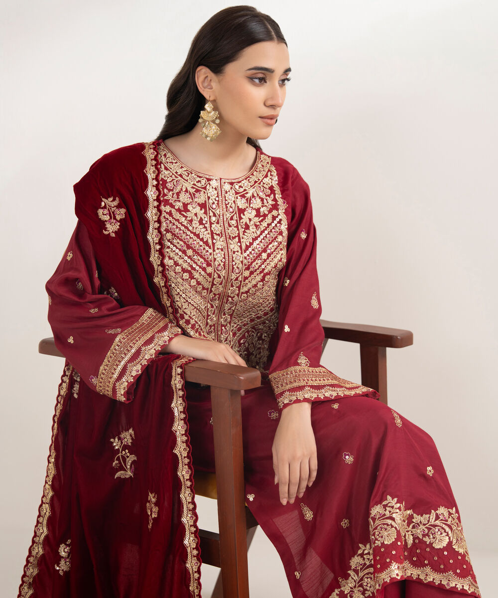 Women's Unstitched Viscose Raw Silk 3 Piece Suit