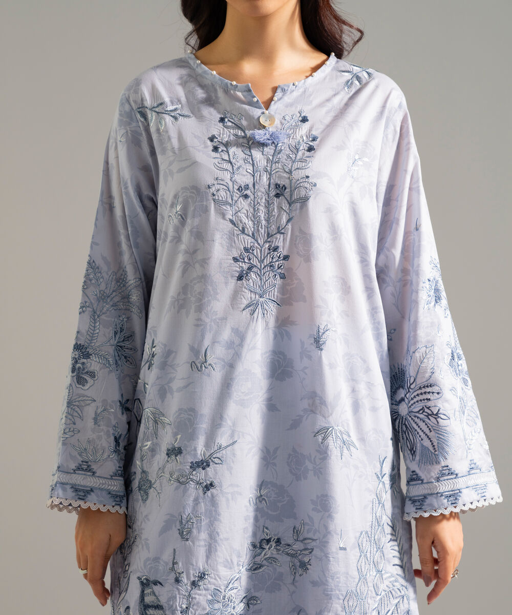 Women's RTW Lawn Embroidered Blue 3 Piece Suit
