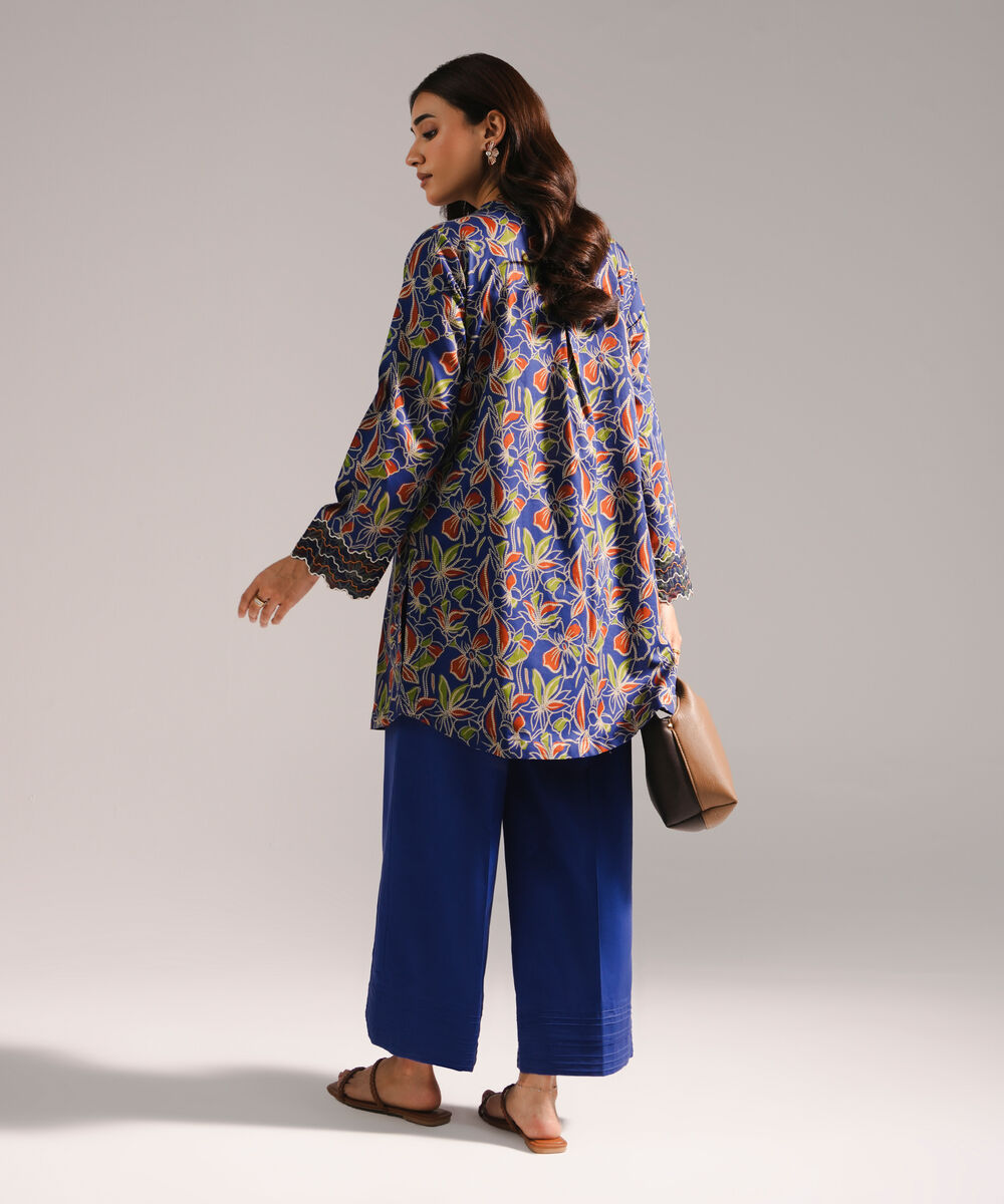 Women's RTW Textured Cotton Embroidered Dark Blue 2 Piece Suit