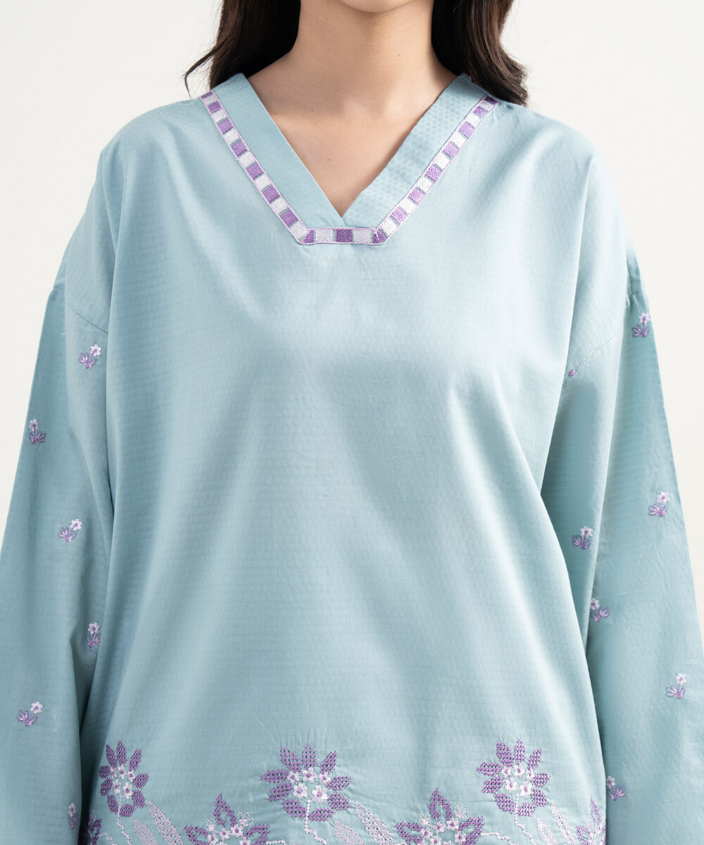Women's RTW Dobby Embroidered Blue Drop Shoulder Shirt