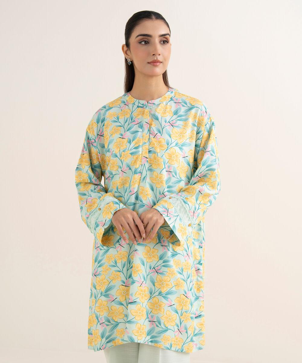 Women's RTW Herringbone Printed Blue Straight Shirt