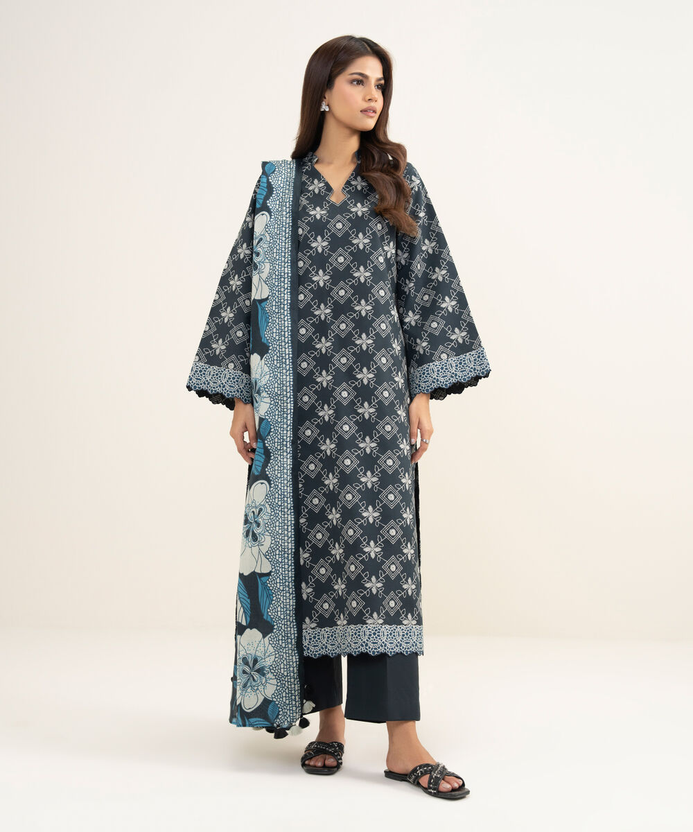 Women's Unstitched Lawn Printed Black 3 Piece Suit