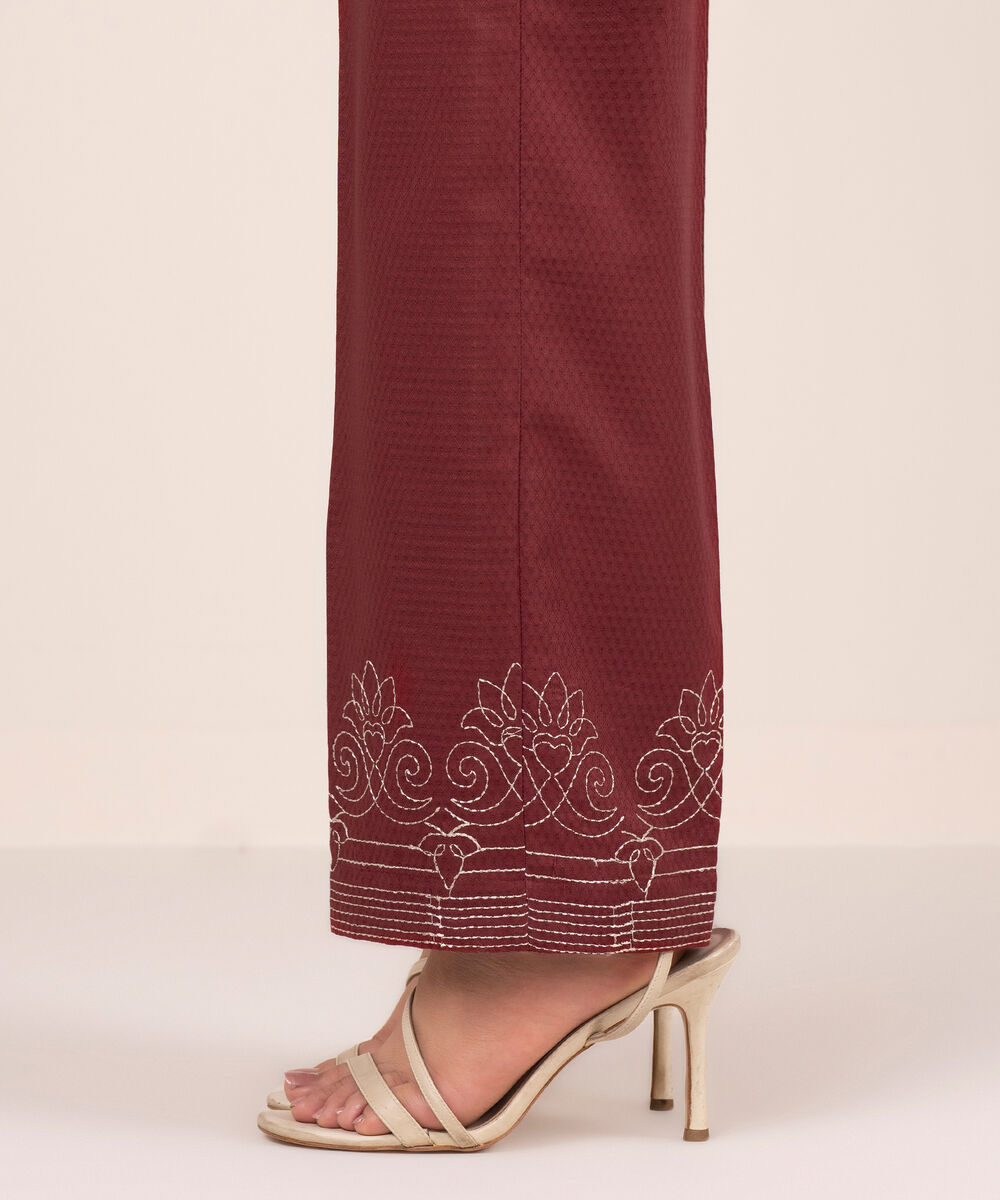 Women's RTW Dobby Embroidered Red Straight Pants