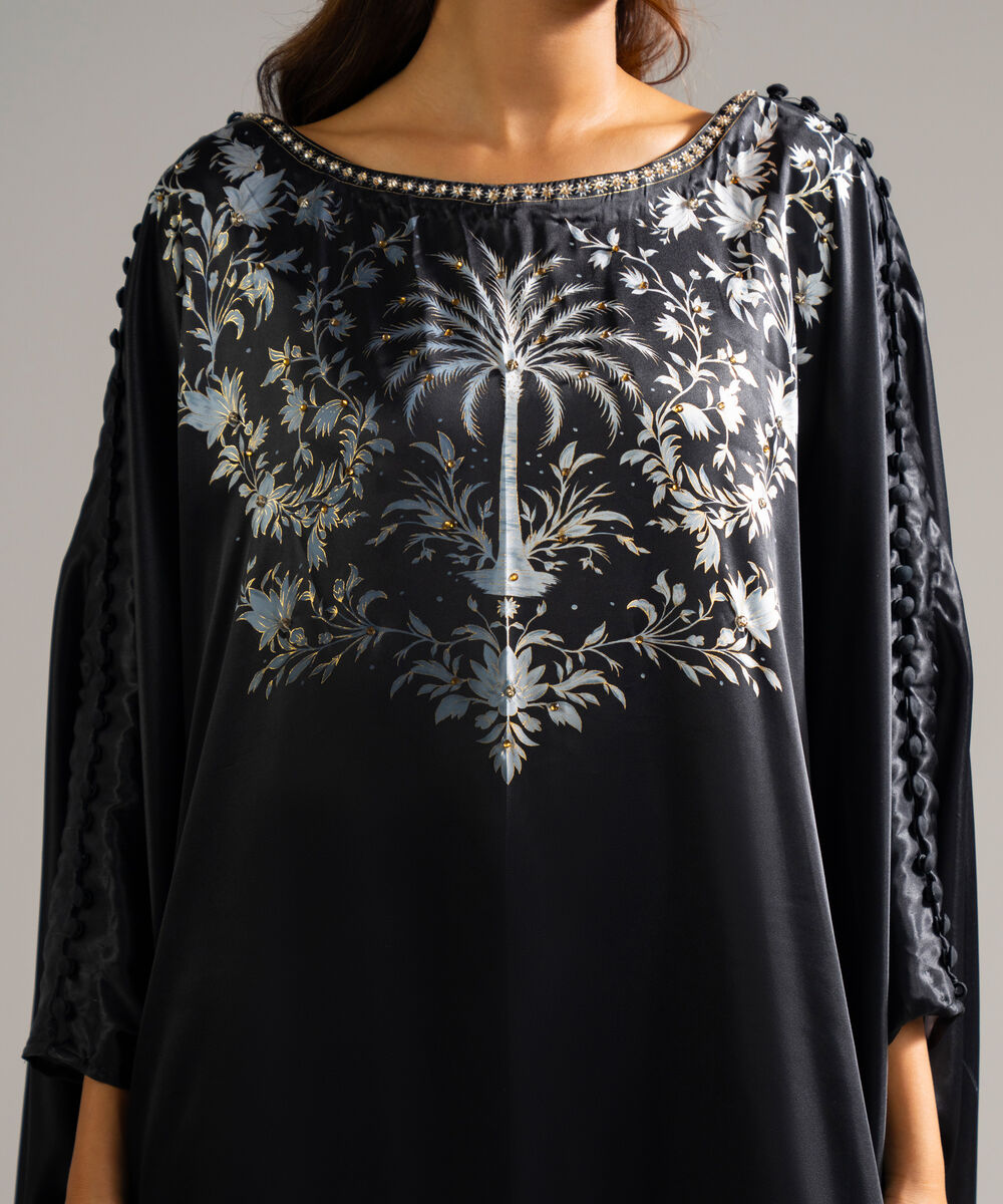Women's RTW Blended Satin Printed Black Kaftan