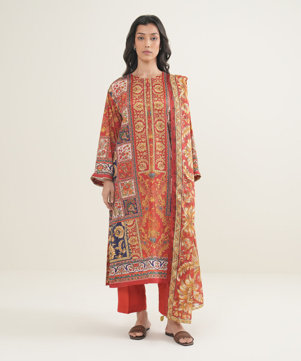 Women's RTW Blended Grip Silk Printed Dark Orange 3 Piece Suit